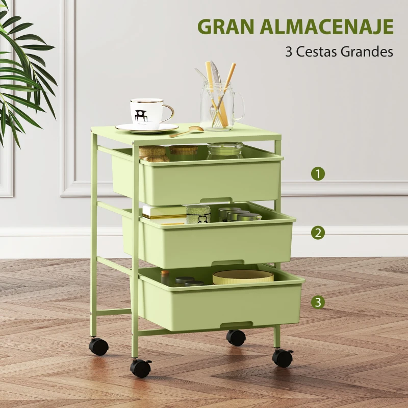 HOMCOM Carrito de Almacenamiento de 4 Niveles Carrito de Cocina con Ruedas 3 Cestas y Tablero 40,8x33,5x60,5 cm Verde