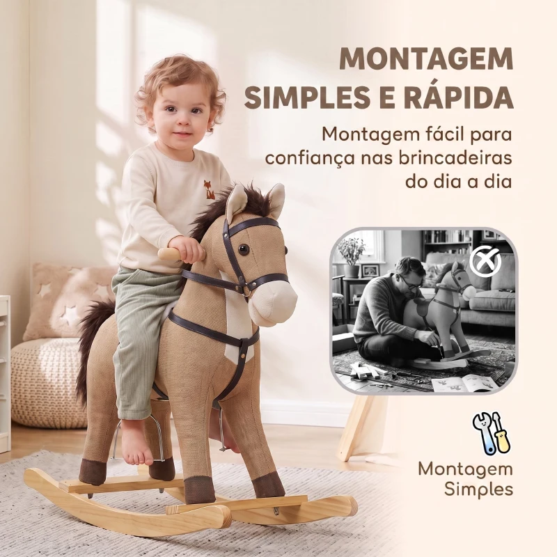 AIYAPLAY Cavalo de Baloiço com Sons, Pegas de Segurança e Base de Madeira, 12-36 Meses, Castanho-Escuro