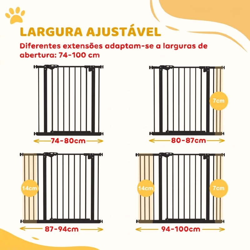 PawHut Barreira de Segurança para Cães 74-100 cm com Extensões, Montagem por Pressão e Duplo Bloqueio, Preto