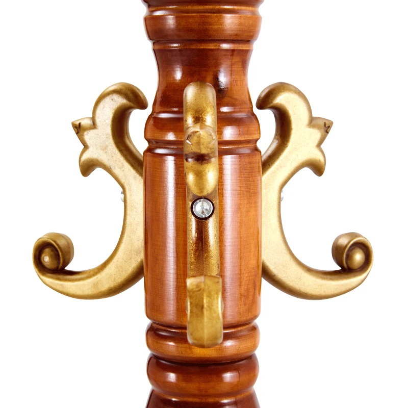 Porte-manteau européen en bois massif, design sculpté et élégant, plusieurs crochets à hauteurs variées, 48x48x195 cm, Couleur naturelle