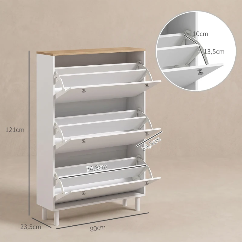 HOMCOM Scarpiera stretta 24 paia con 3 cassetti ribaltabili e mensole regolabili, bianco