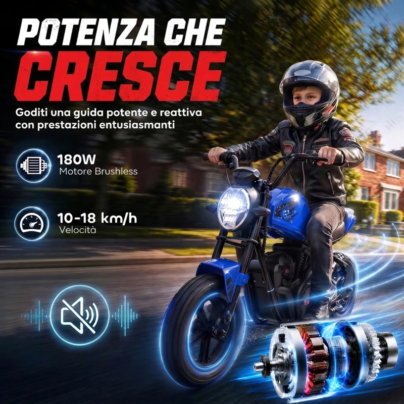 AIYAPLAY Moto da Cross Elettrica per Bambini 24V Motore 180W, 6-12 Anni, Pneumatici 30cm in Gomma, Blu