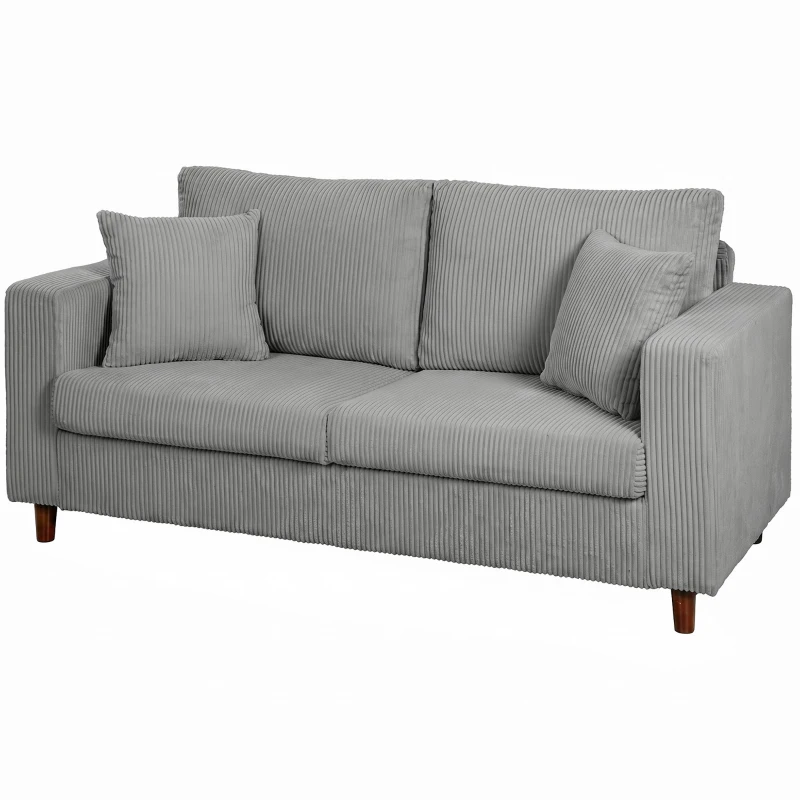 HOMCOM Sofá de 2 Lugares em Bombazina com Assento Largo e Profundo e Pés de Madeira 170x80x82 cm Cinzento-claro