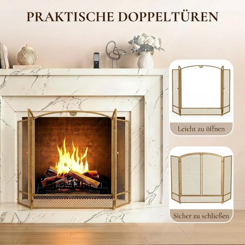 HOMCOM 3-delig inklapbaar haardscherm met dubbele deuren, hittebestendig metalen beschermscherm, goudkleurig