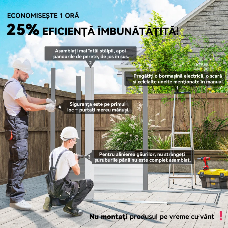 Outsunny Căsuță pentru Unelte cu Uși Glisante și 4 Grile de Ventilație, din Oțel și PP 196x236x208 cm, Gri Deschis