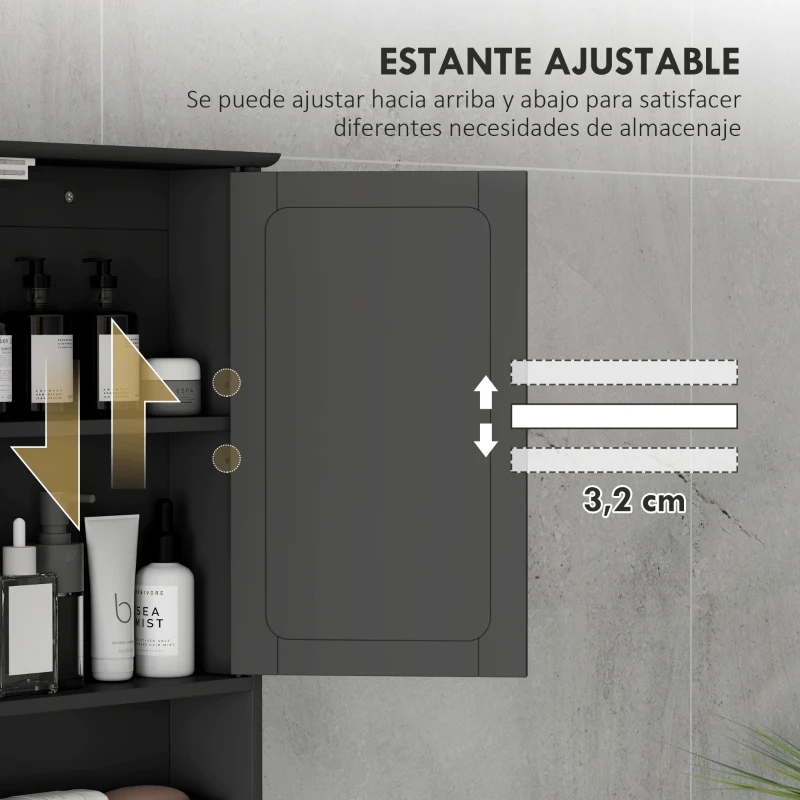 kleankin Armario de Baño con Espejo Armario de Pared con 2 Puertas Estante Abierto Estante Ajustable 56x13x58cm Negro