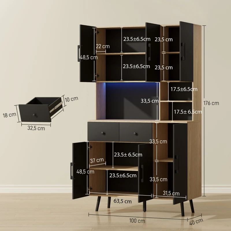 HOMCOM Alacena de Cocina con Luces LED RGB con 6 Puertas 2 Cajones Encimera y Orificio para Cables 100x40x176 cm Negro y Roble