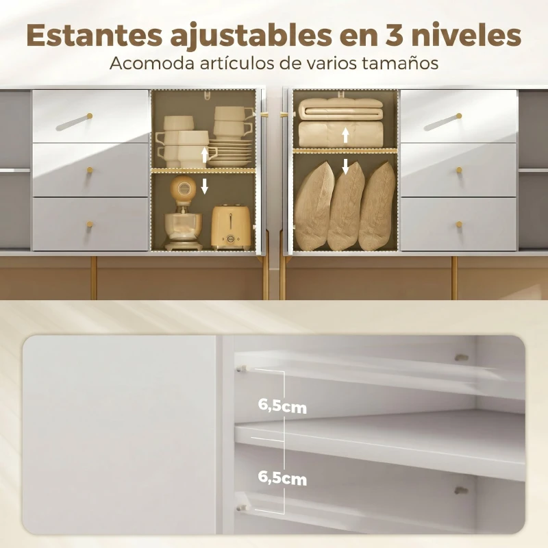 HOMCOM Aparador Moderno de 2 Puertas Aparador de Salón con 3 Cajones Estantes Ajustables Blanco 120x39,1x76 cm