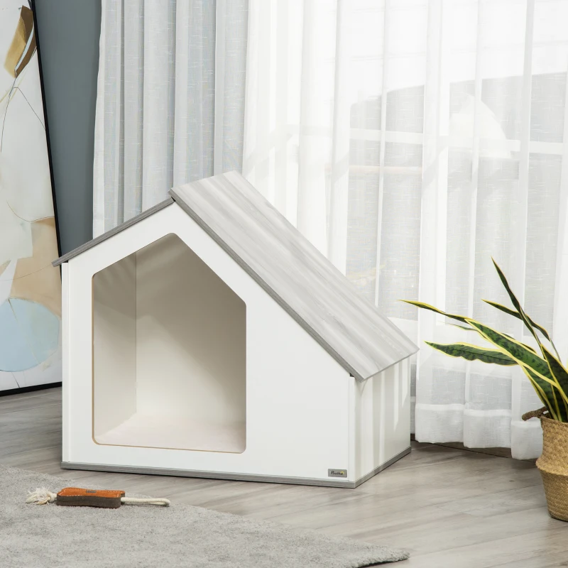 PawHut Caseta de Madera para Perros Interior Casa para Mascotas con Cojín Desenfundable Lavable y 5 Ventilaciones 84,5x54,5x75 cm Blanco