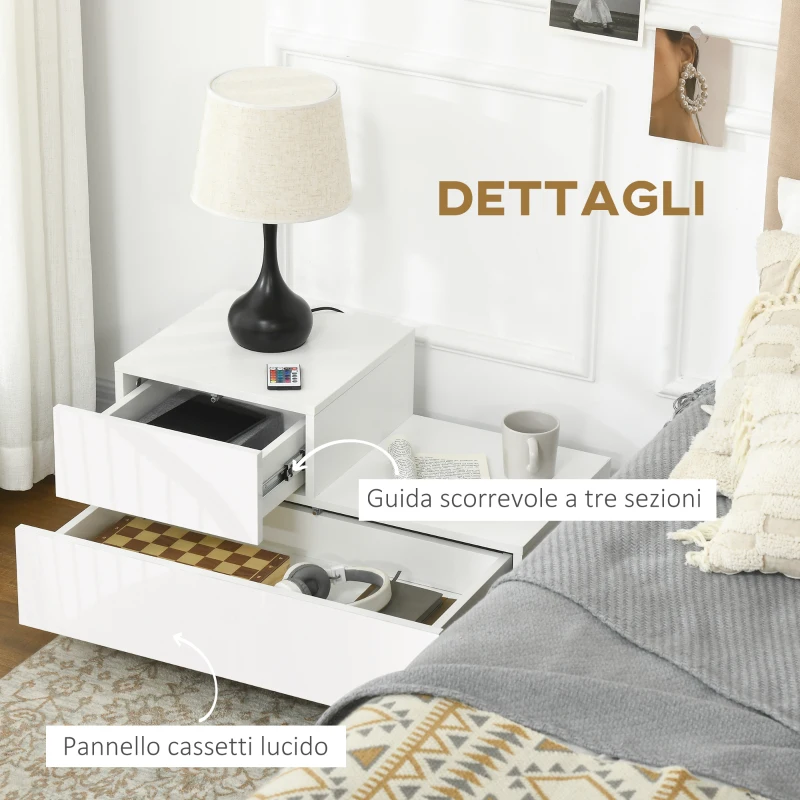HOMCOM Comodino Moderno con 16 Luci LED RGB, Telecomando e Due Cassetti in Truciolato, 70x37x38cm, Bianco