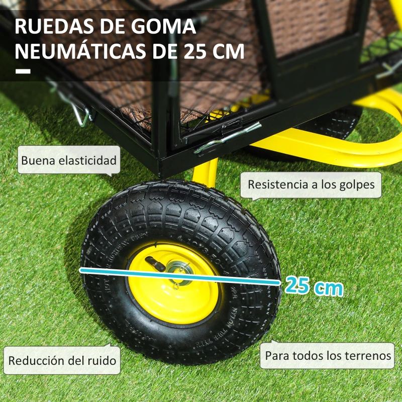Outsunny Carro de Jardín Basculante Carga 200 kg con Paneles Laterales Desmontables y 4 Ruedas Neumáticas Negro y Amarillo