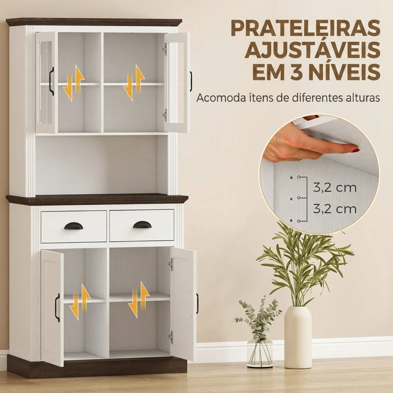 HOMCOM Armário de Cozinha Alto com Portas de Vidro 2 Gavetas Prateleiras Ajustáveis e Nicho Aberto 80x38x170 cm Branco