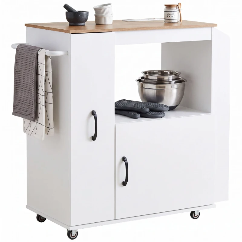 HOMCOM Kitchen Trolley on Wheels, Rolling Kitchen Island Cart with Power Outlet, Cabinet, Pull-Out Drawer, White