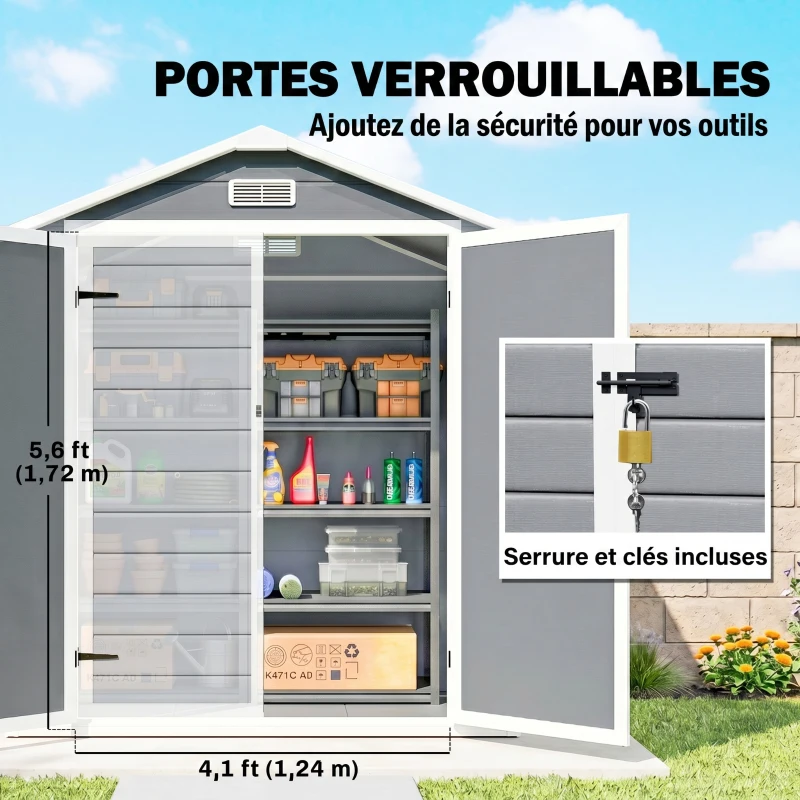 Outsunny Abri de jardin cabanon en résine polypropylène 2,12 m² - 2 portes 1 fenêtre et 1 grille d'aération, toit à pignon, gris(m-7)