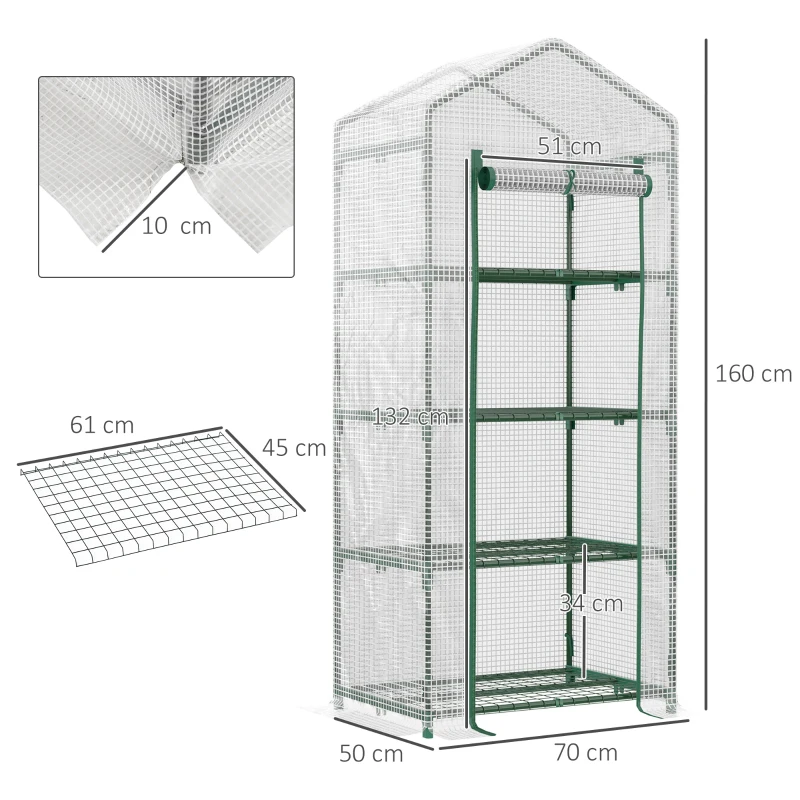 Outsunny Serre de Jardin PE avec Étagères 4 Niveaux, Serre de Balcon, Bâche Renforcée 140g/m², Châssis en Acier, Porte Zippée Enroulable, pour Légumes et Plantes, Extérieur, 70x50x160cm, Blanc