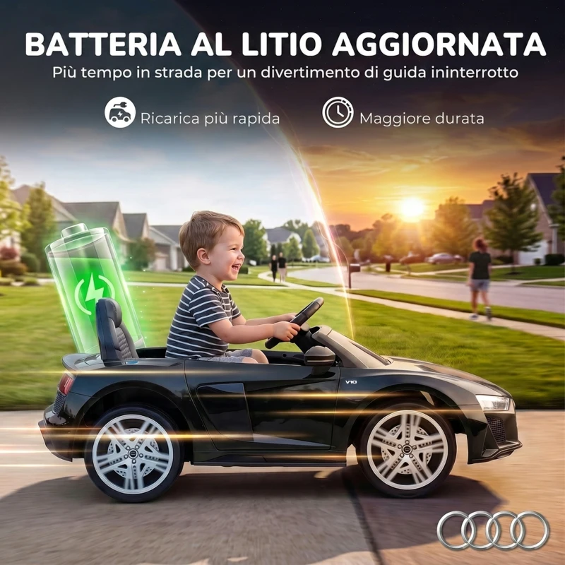 AIYAPLAY Macchina Elettrica per Bambini 3+ Anni 12V Audi R8 Spyder, 3-5 km/h con 2 Motori e Telecomando, Nero