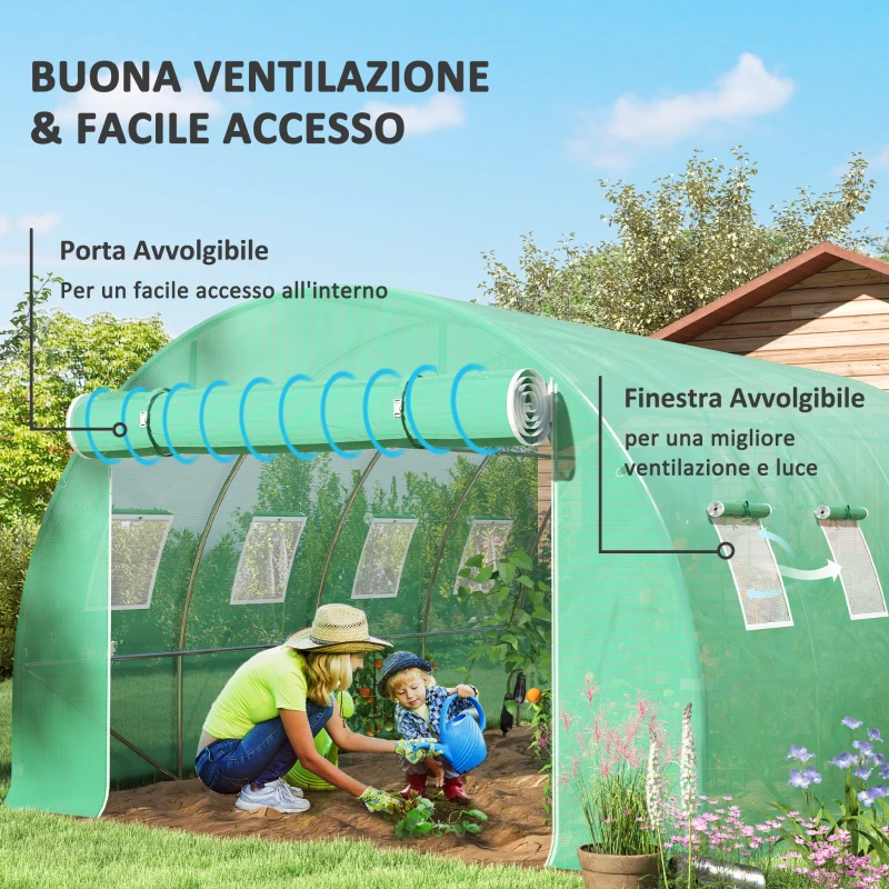 Outsunny Telo Serra in PE con 8 Finestre, Porta Avvolgibile e Bordi Interrati, 4x3x2 m, Verde