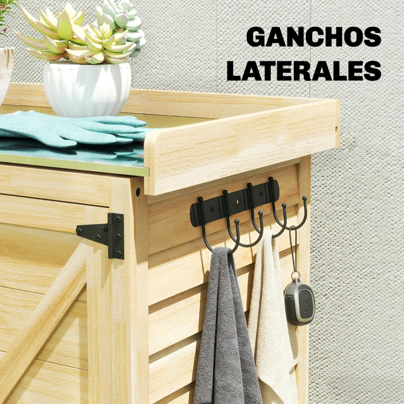 Outsunny Cobertizo de Jardín Exterior de Madera con Techo de Metal y Ganchos para Almacenaje Herramientas 71,5x39x95 cm Natural