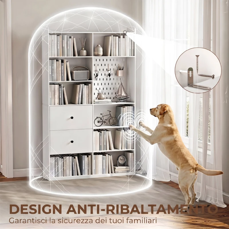 HOMCOM Libreria Doppia a 6 Livelli con Cassetti e Pannello Forato, 120x30x200 cm, Bianco