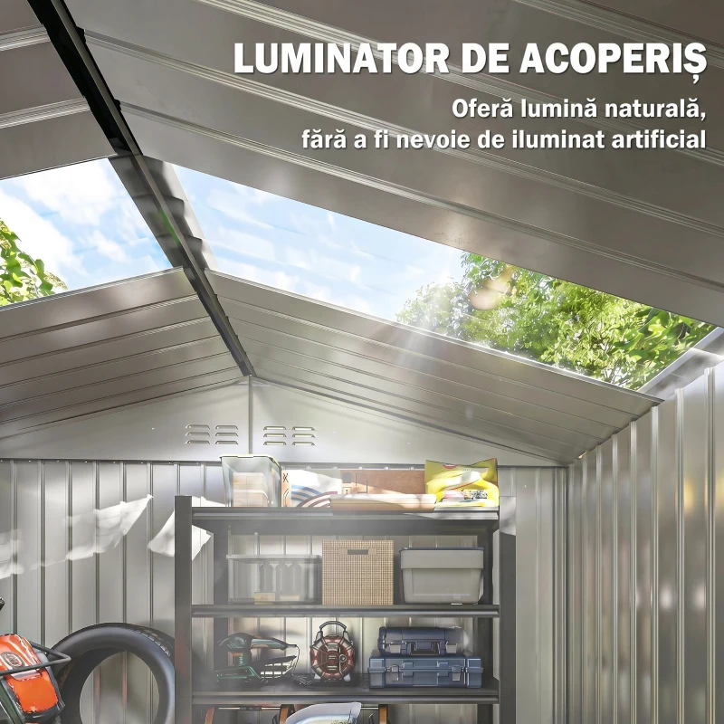 Căsuță din Metal 2,77 m² Outsunny 213 x 130 x 185 cm cu Fundație, Uși Glisante Gri Închis