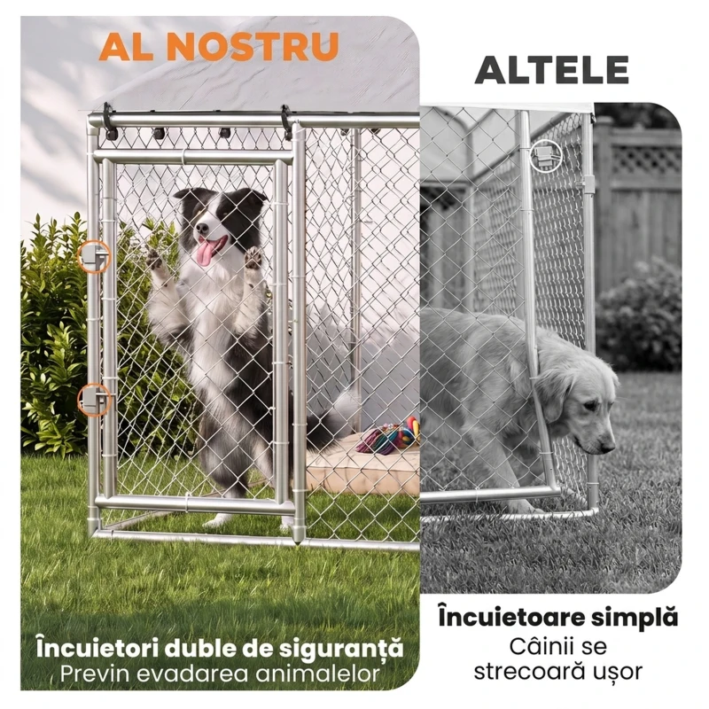 PawHut Țarc Exterior Oțel Galvanizat, Acoperiș Impermeabil Anti-UV, Închidere Dublă, Argintiu.