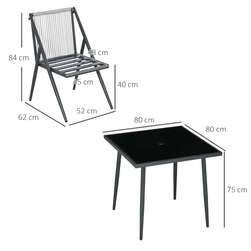 Outsunny Set da Giardino con 4 Sedie con Cuscini e Tavolo da Pranzo Quadrato in Vetro, Grigio Scuro