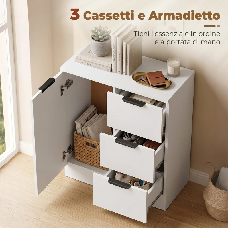 HOMCOM Credenza Moderna con 3 Cassetti e Anta Soft-Close, 60x30x70 cm, Bianco
