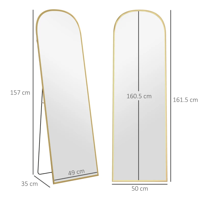 HOMCOM Oglindă de Podea și Perete Modernă din Aluminiu cu Suport Pliabil, 50x170cm, Auriu