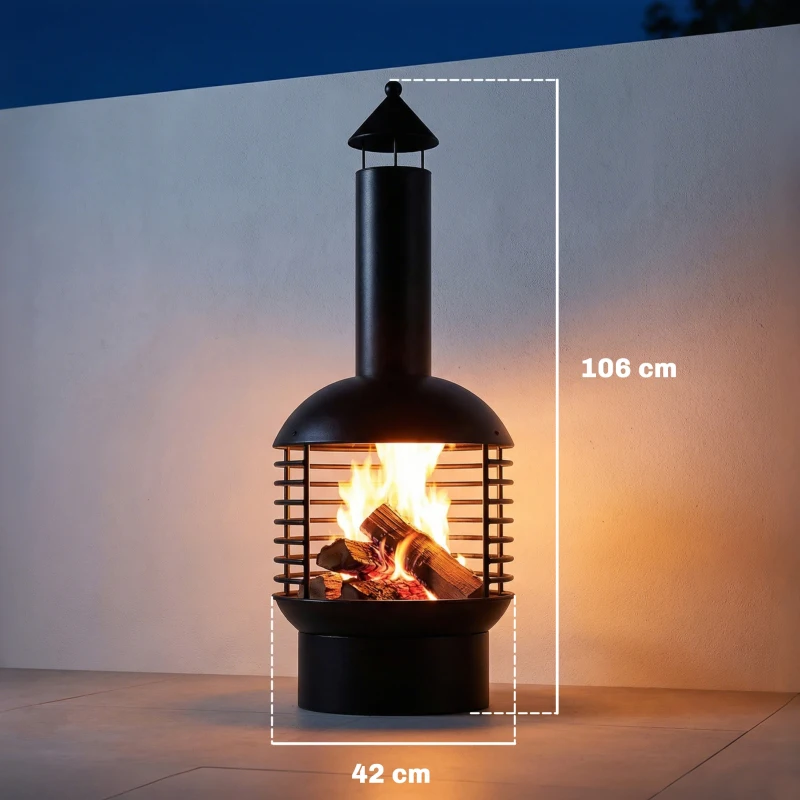 Outsunny Chimney Fire Pit, Portable Wood Burning Firepit with Poker, Charcoal Grid, Outdoor Fireplace for Garden Patio, Black