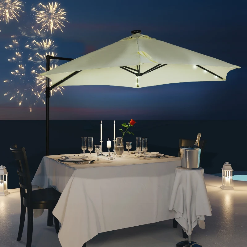Outsunny Parasol de Terraza Manual Ø256x248 cm con Luces LED Solares Poste Giratorio 360° y Ventilación Superior Beige
