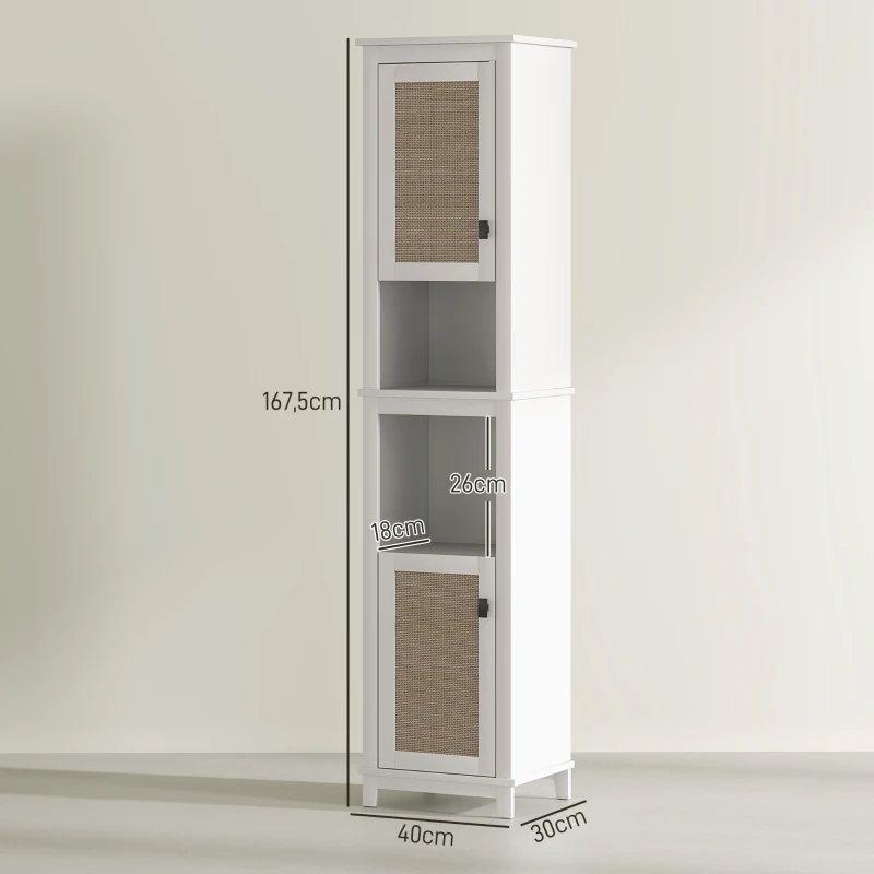 HOMCOM Columna de Baño con Estantes Ajustables 2 Puertas con Frontal de Ratán y 2 Compartimentos 40x30x167,5 cm Blanco
