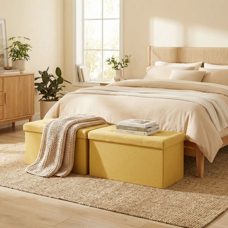 HOMCOM Puff Almacenaje, Banco Almacenaje Plegable 84 L 76x38x38 cm Tapizado en Lino Sintético Amarillo