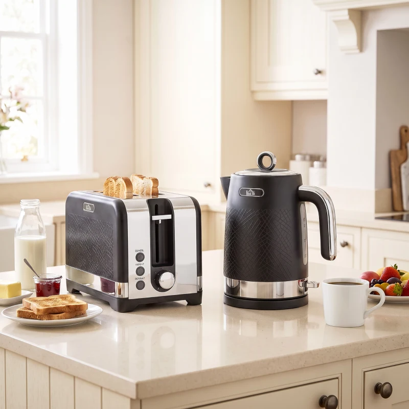 HOMCOM waterkoker- en broodroosterset, 1,7 l 2200 W snelkokende waterkoker met thermostaat, 2-sleufs broodrooster, grijs