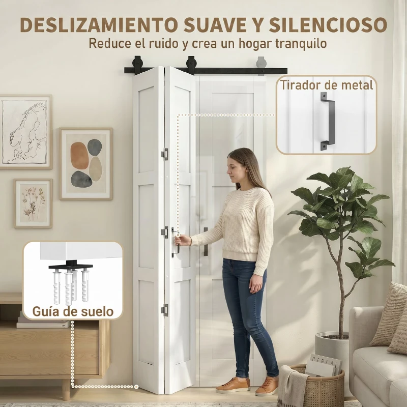 HOMCOM Puerta Corredera Plegable con Herrajes 91,4x213,4 cm con Rodillo Riel de Acero Guía de Suelo Manija Blanco
