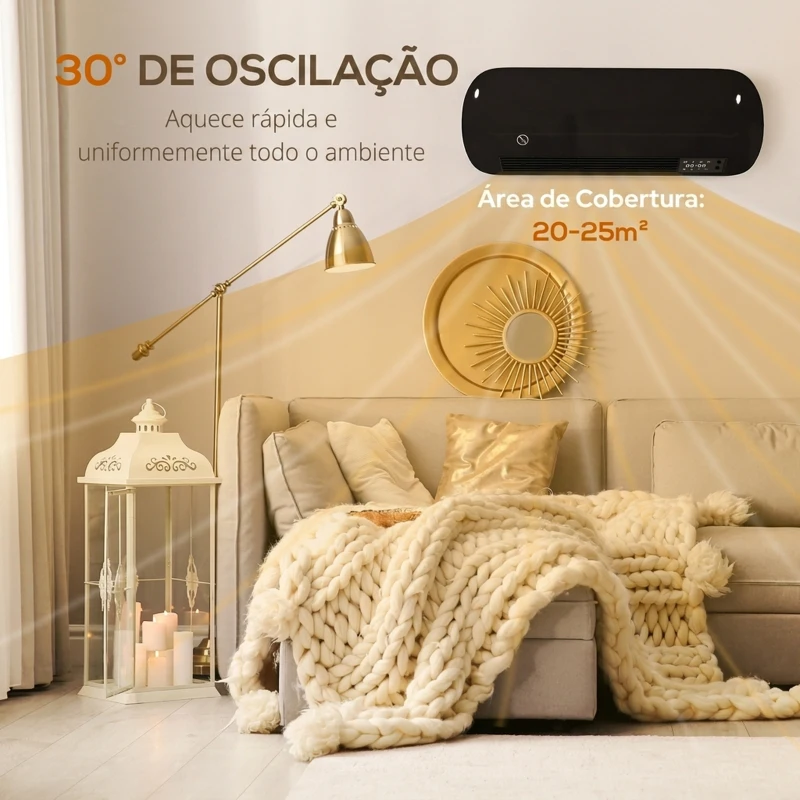 HOMCOM Aquecedor Elétrico de Parede 2000 W com 3 Modos Ecrã LED Termóstato Temporizador e Oscilação Preto