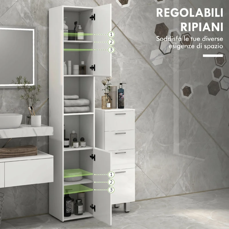 kleankin Mobile Bagno Alto Slim 181.5cm con Ripiani Aperti e 2 Armadietti, 30x30x181.5 cm, Bianco
