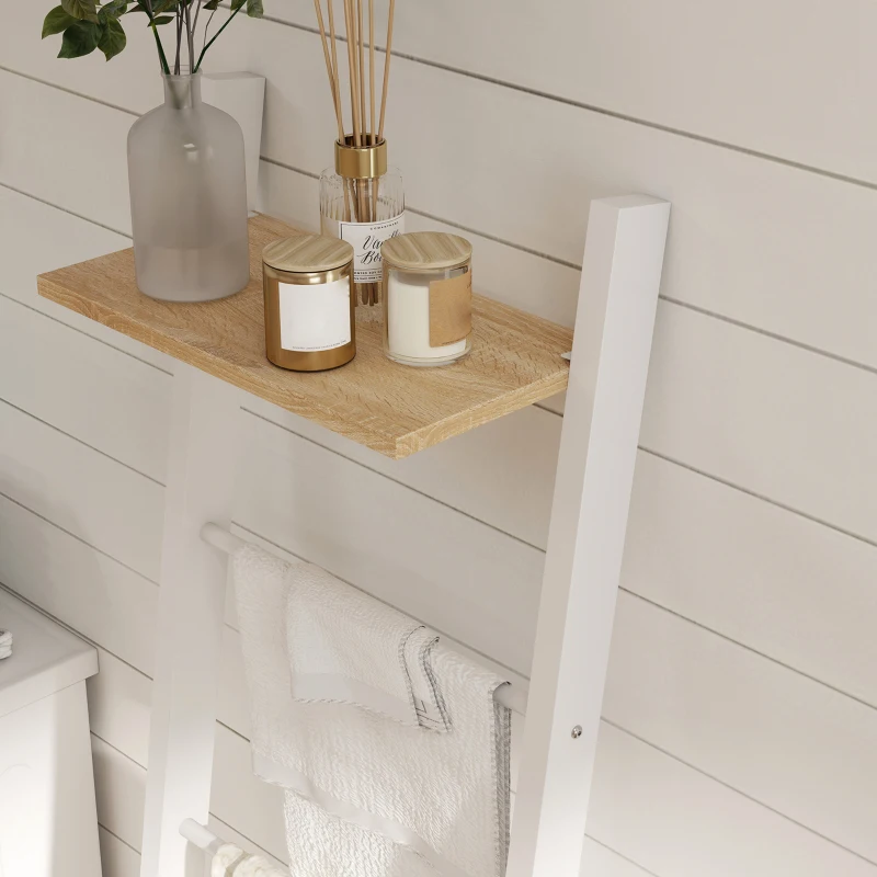 HOMCOM Toallero Escalera con Estante Superior y 4 Barras Toallero de Baño para Apoyar en Pared 43x20x151 cm Blanco y Roble
