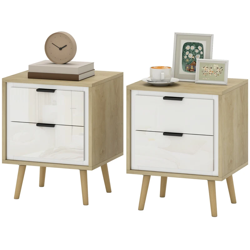 HOMCOM Juego de 2 Mesitas de Noche Modernas con 2 Cajones con Deslizamiento Silencioso 40x35x50 cm Blanco Brillo y Roble