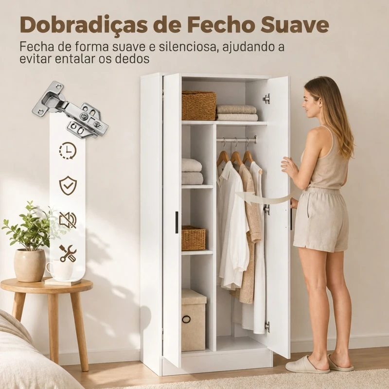 HOMCOM Roupeiro Moderno para Quarto com Barra para Pendurar e Prateleiras 70x37x164 cm Branco