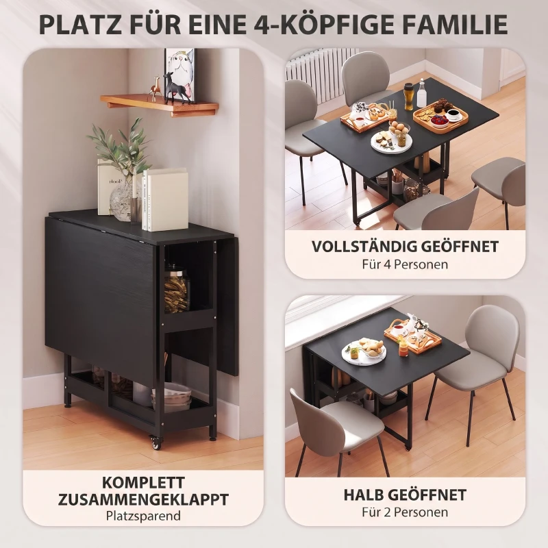 HOMCOM Klappbarer Esstisch im Industriedesign, für bis zu 4 Personen, offene Regale, flexibel, Metall, Spanplatte, Schwarz
