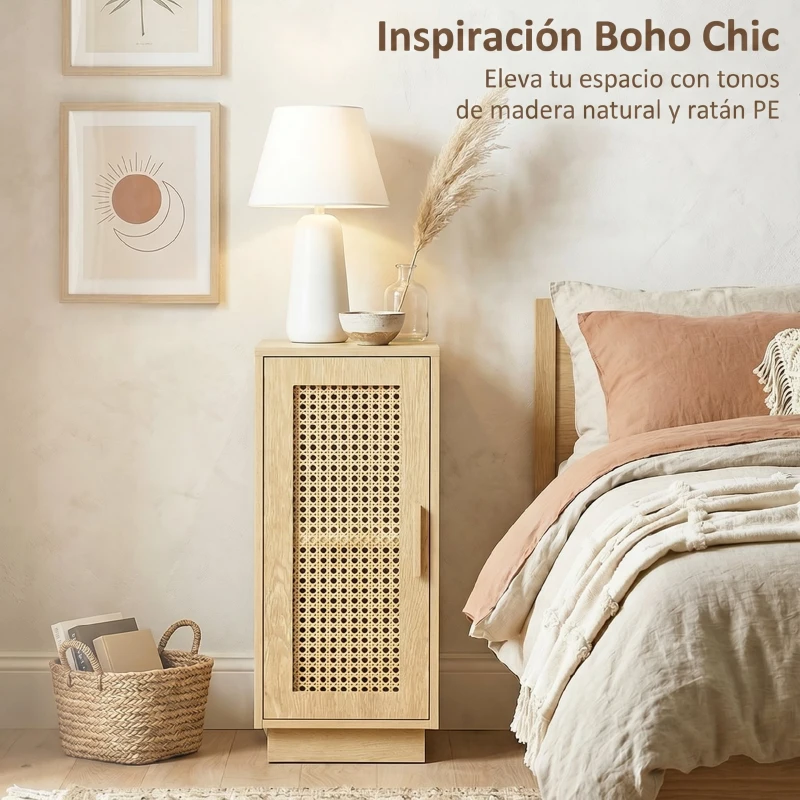 HOMCOM Conjunto de 2 Mesitas de Noche con Puerta de Ratán, Mesillas de Noche Estilo Boho Estante Ajustable Natural