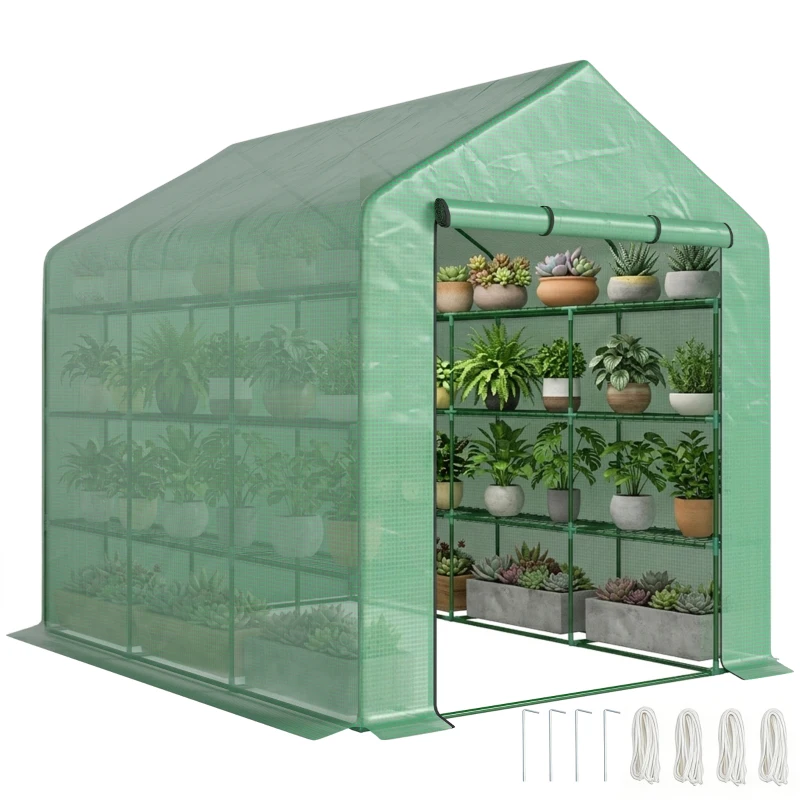 Outsunny Serre de jardin serre d'hivernage avec étagères 3 niveaux porte enroulable tube en acier 244 x 180 x 210 cm vert