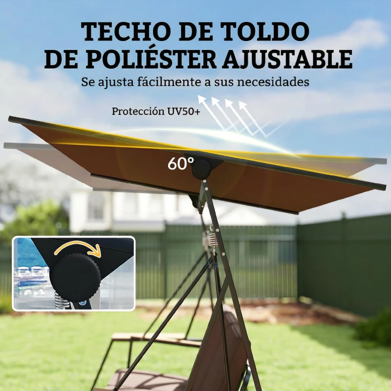 Outsunny Columpio de Jardín Exterior de 3 Plazas con Techo Ajustable 2 Bandejas Cojines y Marco de Metal Carga 360 kg Marrón