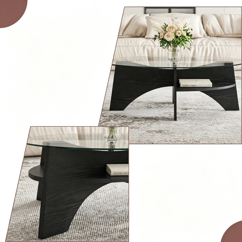 Table basse ovale moderne en verre de sécurité, plateau résistant aux chocs et facile à nettoyer, 104,9x60,0x35,6 cm, Transparent