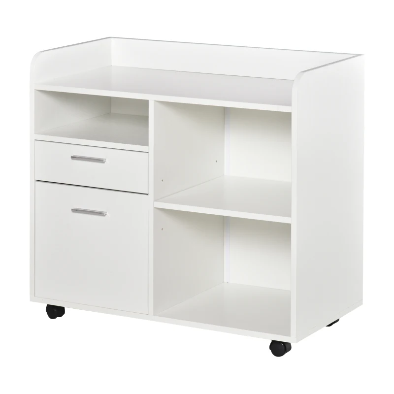 Vinsetto Armario para Impresora con 3 Compartimentos 2 Cajones para Archivos Estante Ajustable Ruedas 80x40x72 cm Blanco