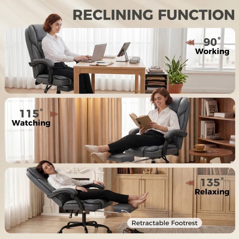 HOMCOM Executive Home Office Chair Reclining Function Footrest Computer Desk Chair High Back, Grey