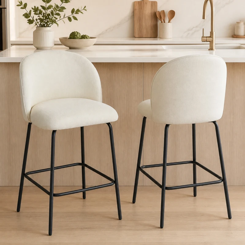 HOMCOM Set 2 Sgabelli da Bar in Tessuto con Schienale e Poggiapiedi, Altezza Sedut 68 cm, Crema