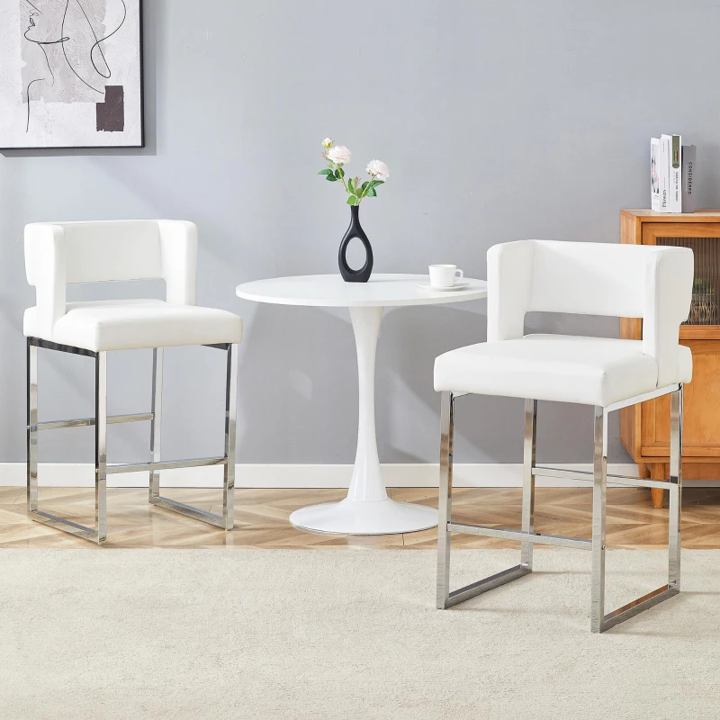 Lot de 2 tabourets de bar style nordique, structure métallique robuste avec pieds argentés, 48x53.3x91.4 cm, Blanc+Argent