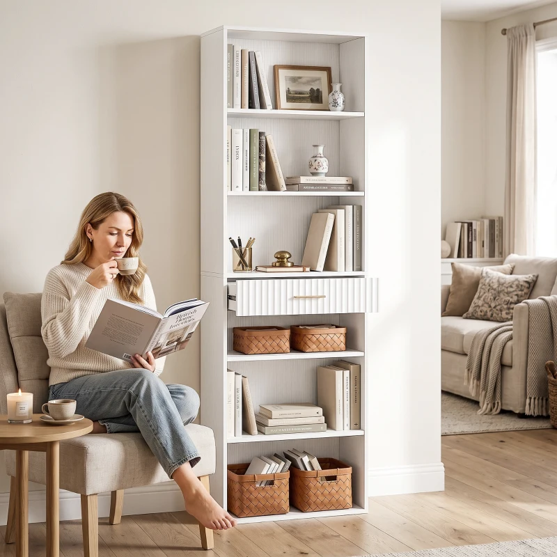 HOMCOM Estante para Livros Alta e Estreita, Estante de 7 Níveis com Gaveta, 6 Compartimentos Abertos, 60x24x182 cm, Branco