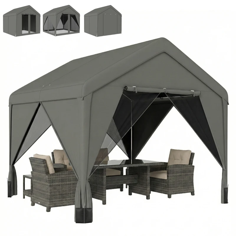 Outsunny 3 x 3 m Patio Gazebo with Netting & Curtains, Outdoor Canopy Shelter with Galvanised Steel Frame, Dark Grey